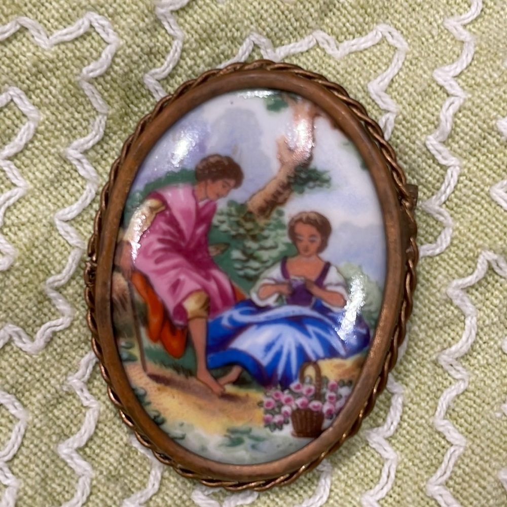 Porcelain Limoges brooch painted scene of lovers afternoon signed